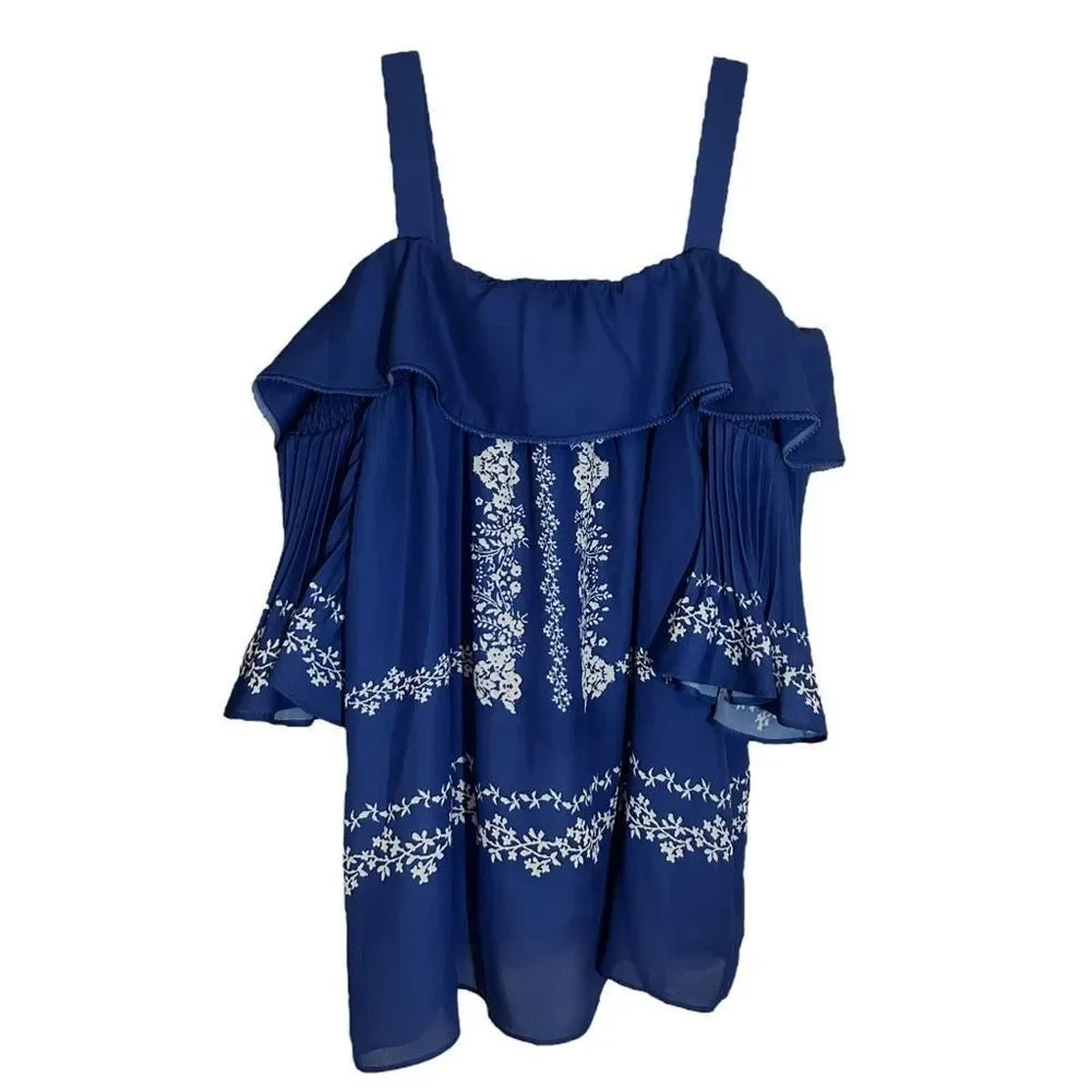 Self-portrait Flower Spell Off The Shoulder Printed Georgette Top Blue